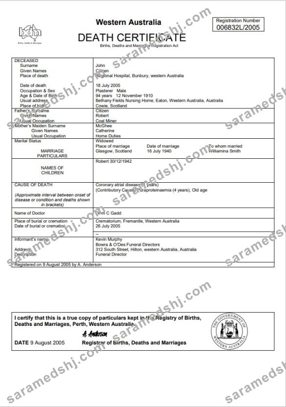 Australia Western Australia death certificate template in Word